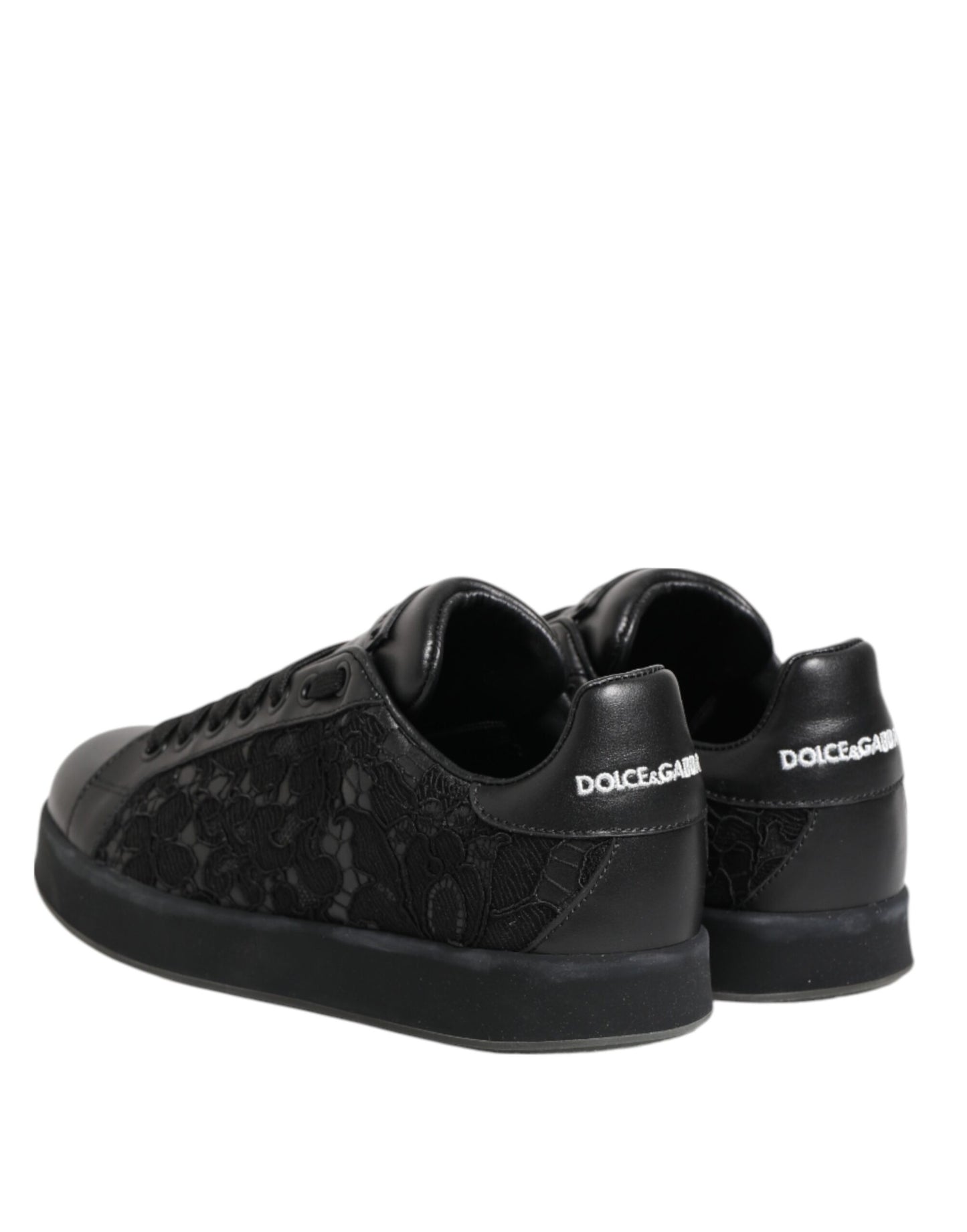 Dolce & Gabbana Zwarte Lage Sneakers met Bloemenprint en Kant