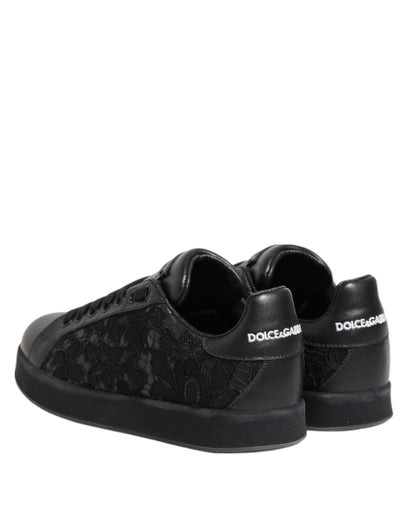 Dolce & Gabbana Zwarte Lage Sneakers met Bloemenprint en Kant
