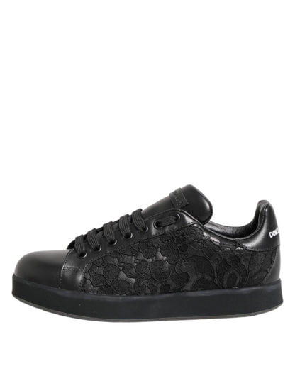 Dolce & Gabbana Zwarte Lage Sneakers met Bloemenprint en Kant