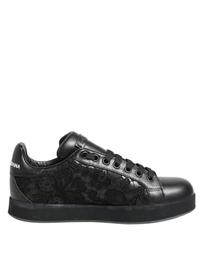 Dolce & Gabbana Zwarte Lage Sneakers met Bloemenprint en Kant