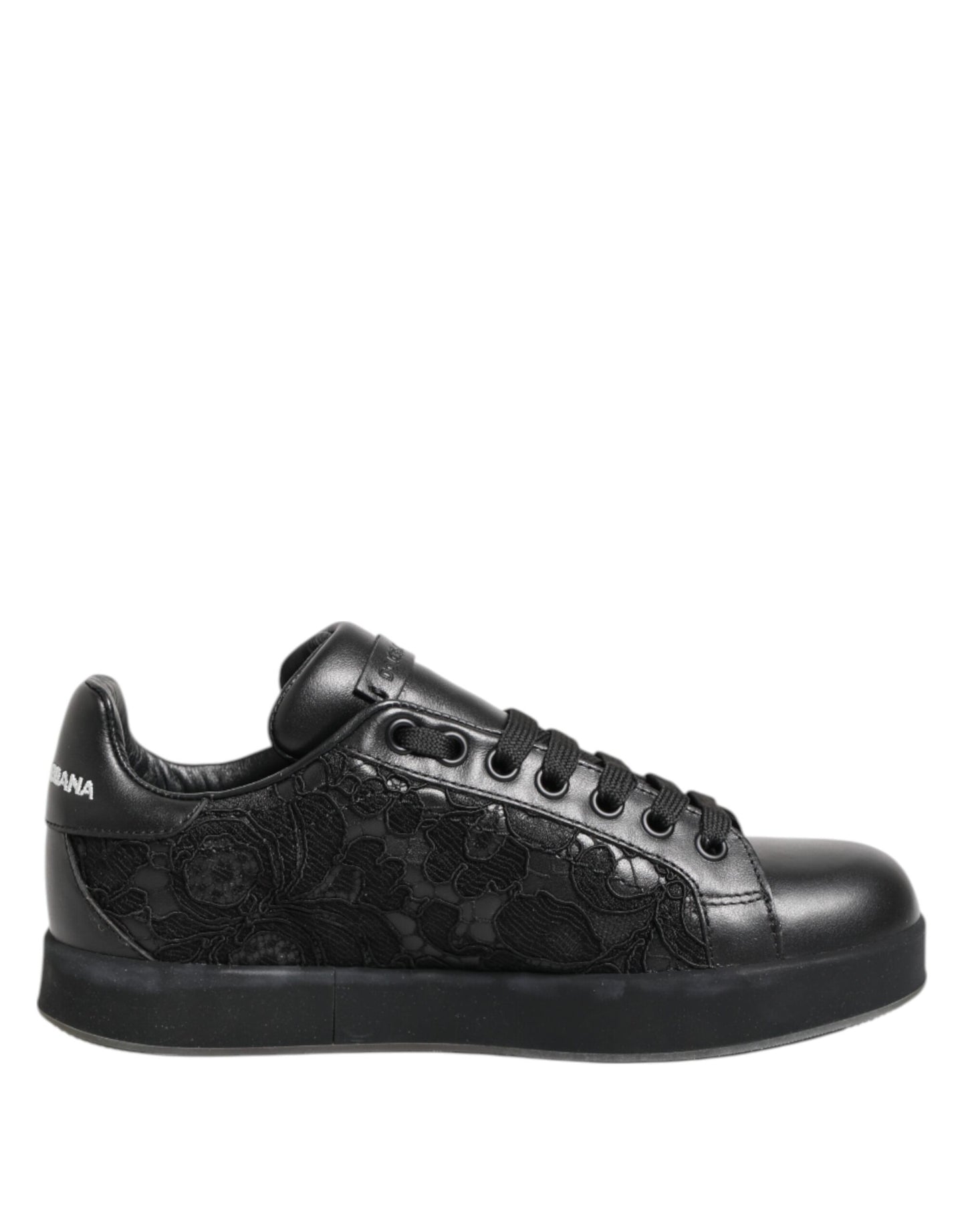 Dolce & Gabbana Zwarte Lage Sneakers met Bloemenprint en Kant