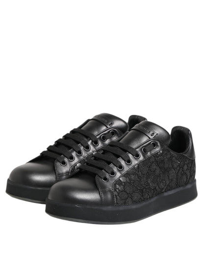 Dolce & Gabbana Zwarte Lage Sneakers met Bloemenprint en Kant