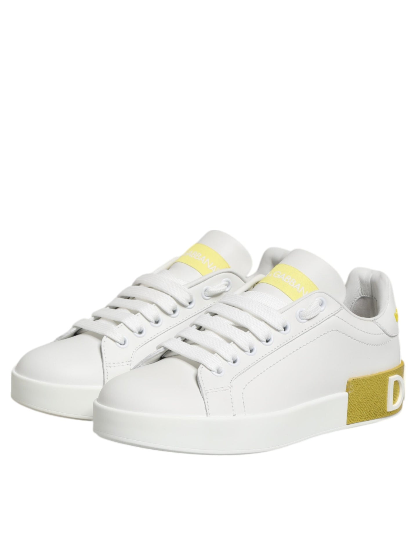 Dolce & Gabbana White Yellow Leather Low Top Sneakers Shoes