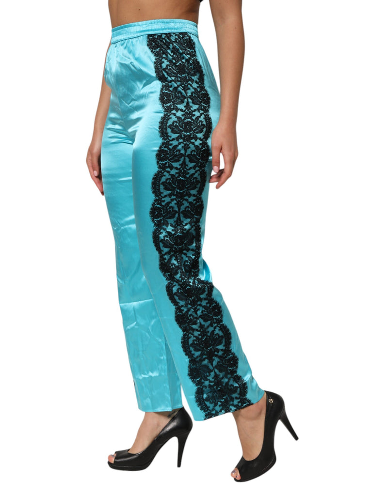 Dolce & Gabbana Pantalons de Pyjama Droits en Soie Bleue