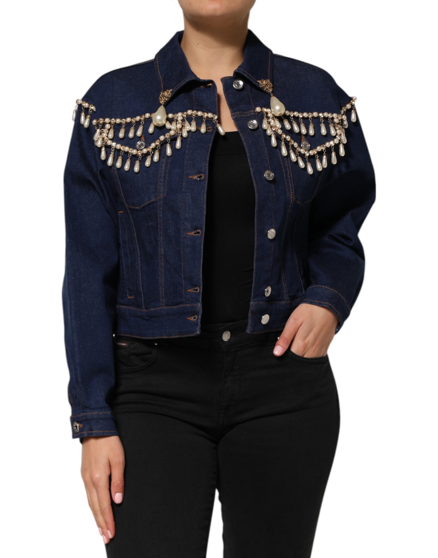 Dolce & Gabbana Veste en jean bleu en coton avec strass