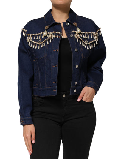 Dolce & Gabbana Veste en jean bleu en coton avec strass