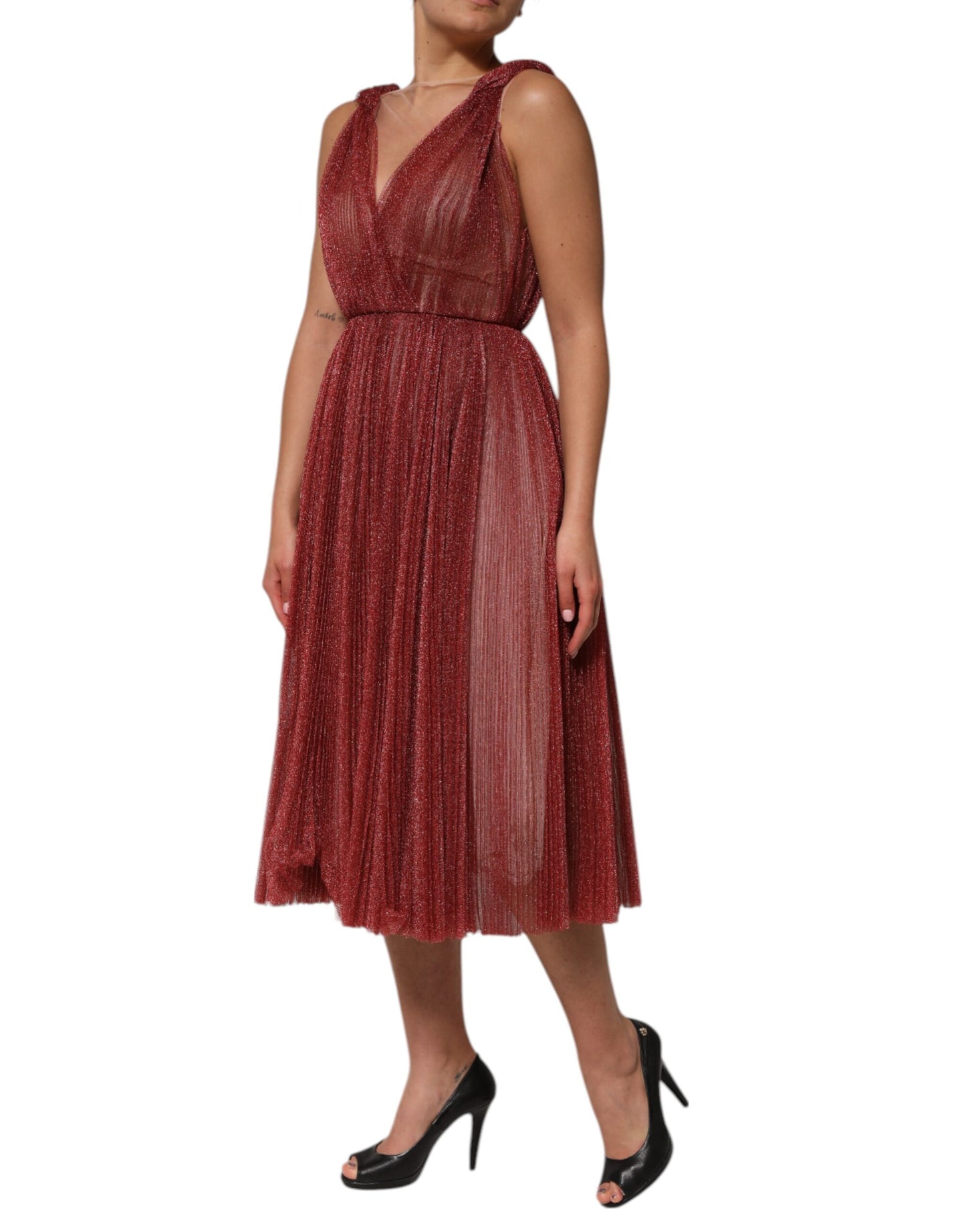 Robe midi trapèze sans manches en maille bordeaux de Dolce & Gabbana
