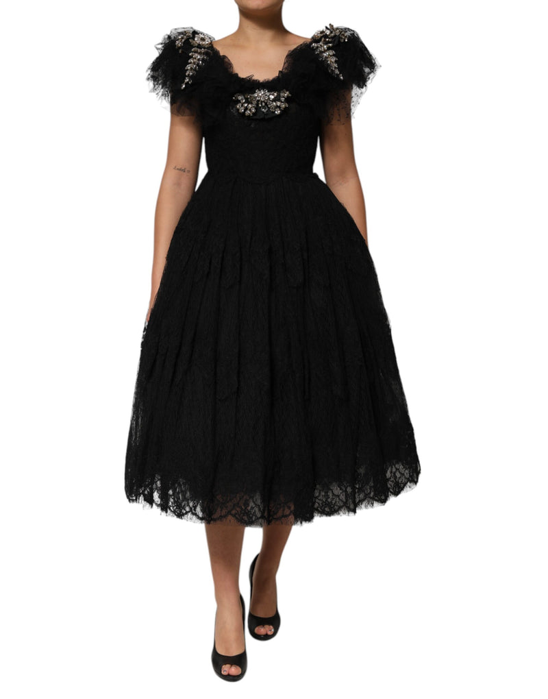 Robe Midi A-ligne Noire Embellie de Cristaux Dolce & Gabbana