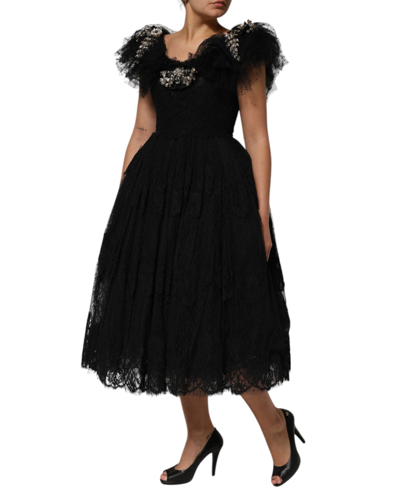 Robe Midi A-ligne Noire Embellie de Cristaux Dolce & Gabbana