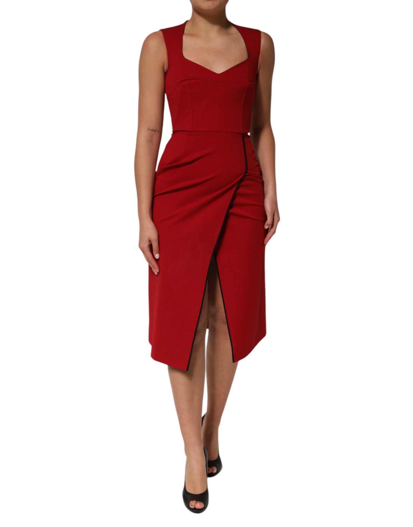 Dolce & Gabbana Red Viscose Stretch Slit Sheath Midi Dress