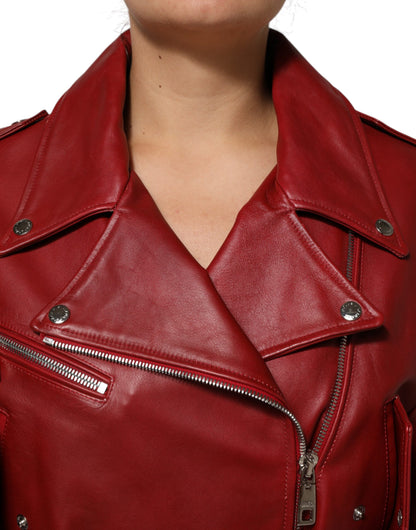 Dolce & Gabbana Red Leather Belted Full Zip Trench Coat Jacket