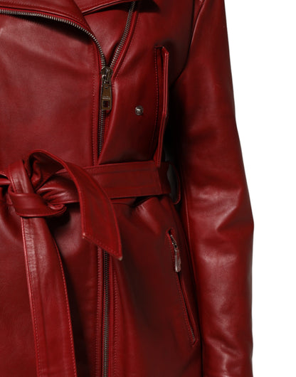 Dolce & Gabbana Red Leather Belted Full Zip Trench Coat Jacket