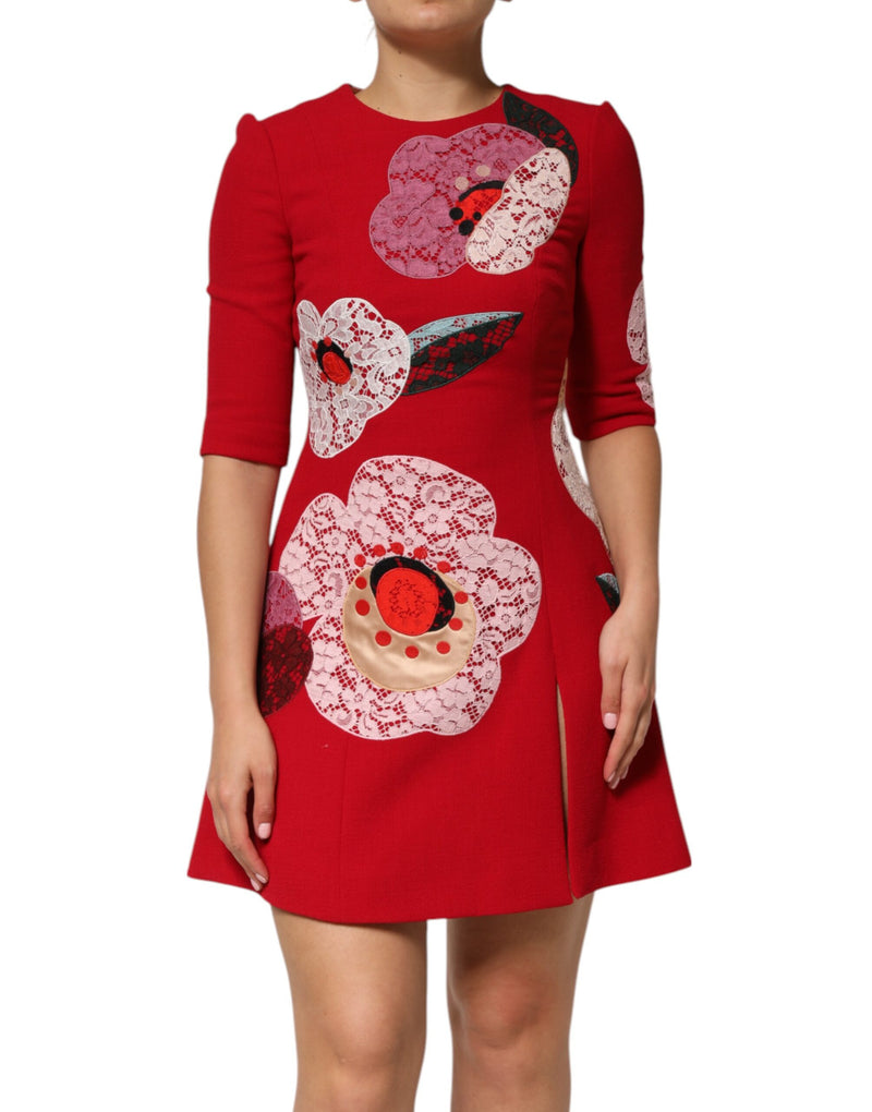 Robe Mini A-line en Dentelle Rouge avec Appliques Florales - Dolce & Gabbana