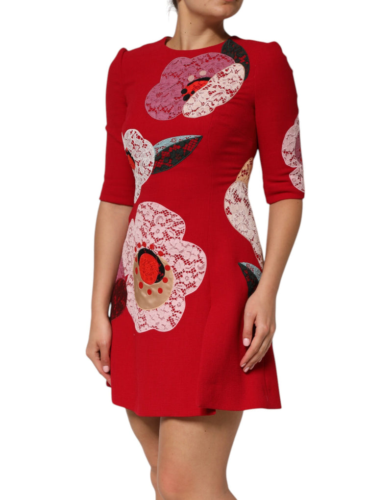 Robe Mini A-line en Dentelle Rouge avec Appliques Florales - Dolce & Gabbana