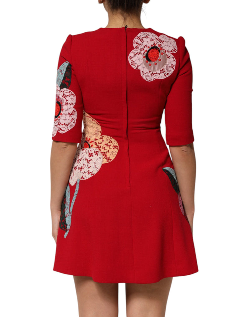 Robe Mini A-line en Dentelle Rouge avec Appliques Florales - Dolce & Gabbana