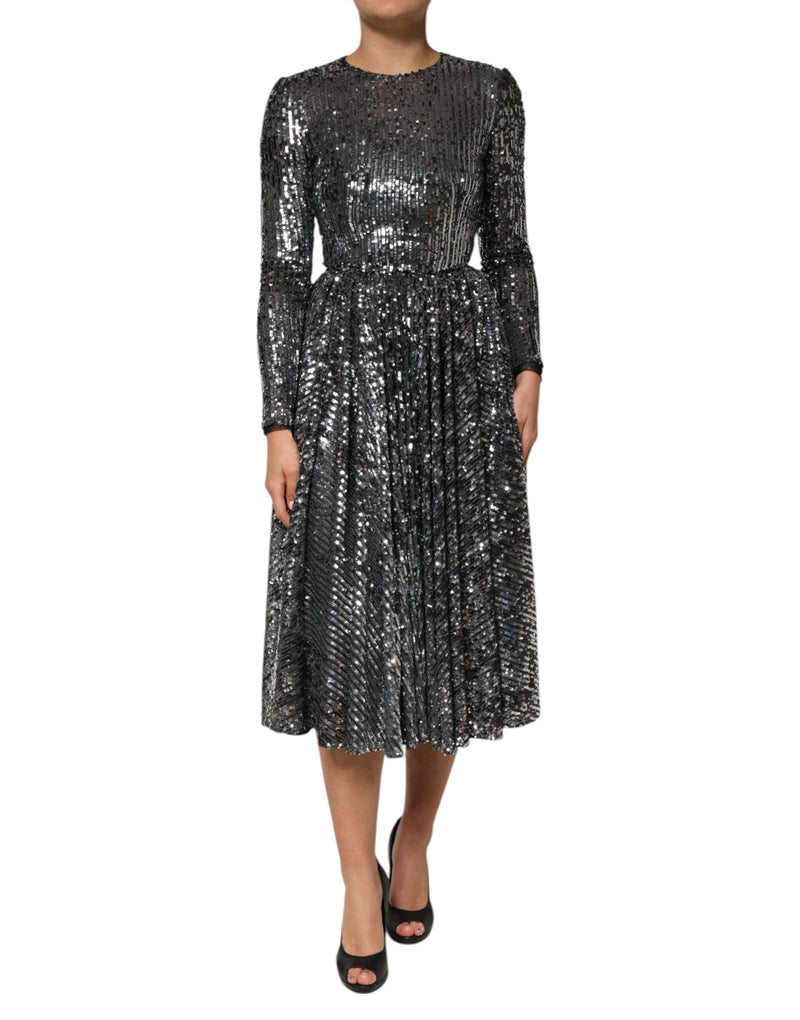 Robe Midi A-Line à Manches Longues en Sequins Noirs Dolce & Gabbana