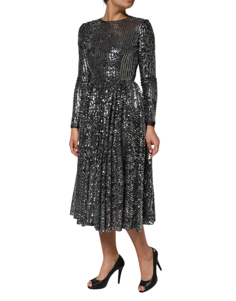 Robe Midi A-Line à Manches Longues en Sequins Noirs Dolce & Gabbana