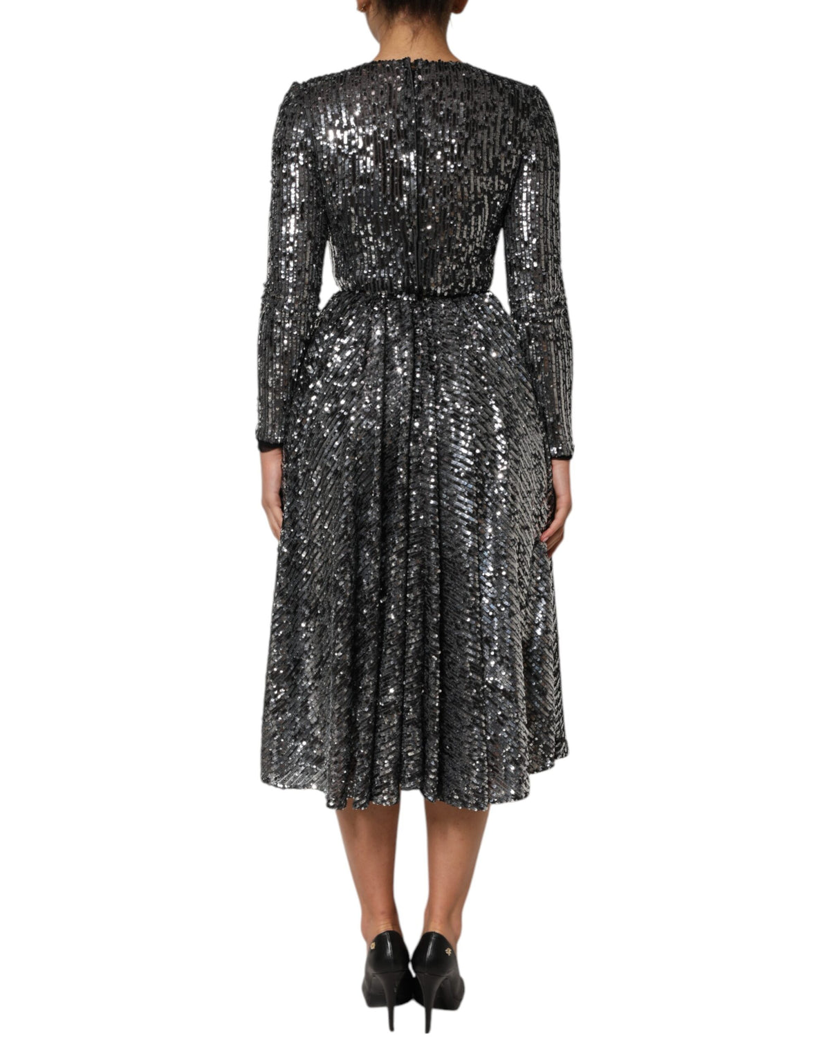 Robe Midi A-Line à Manches Longues en Sequins Noirs Dolce & Gabbana