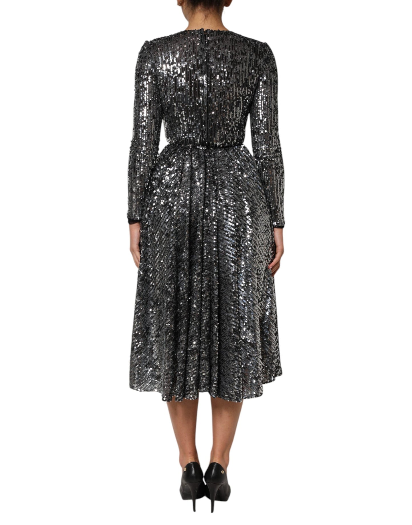 Dolce & Gabbana Black Sequined Long Sleeves Midi A-line  Dress