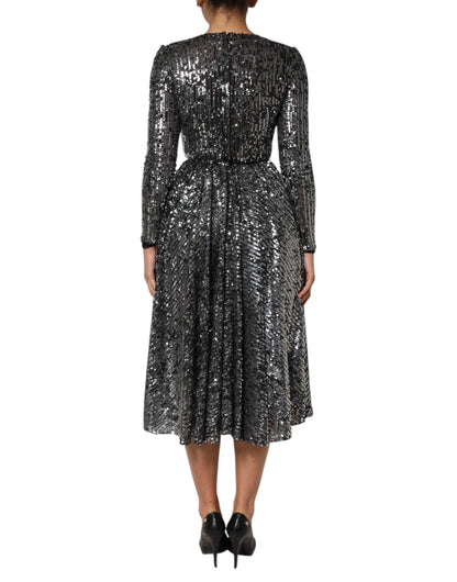 Dolce & Gabbana Black Sequined Long Sleeves Midi A-line  Dress