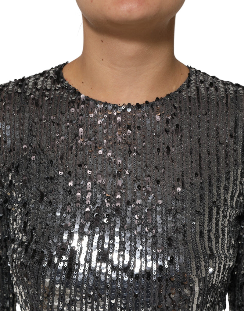 Robe Midi A-Line à Manches Longues en Sequins Noirs Dolce & Gabbana