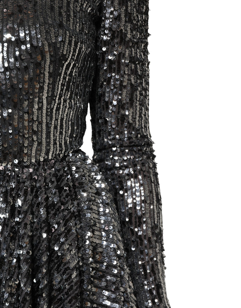 Robe Midi A-Line à Manches Longues en Sequins Noirs Dolce & Gabbana