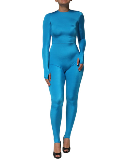 Dolce & Gabbana blauwe nylon bodycon jumpsuitjurk met ronde hals.