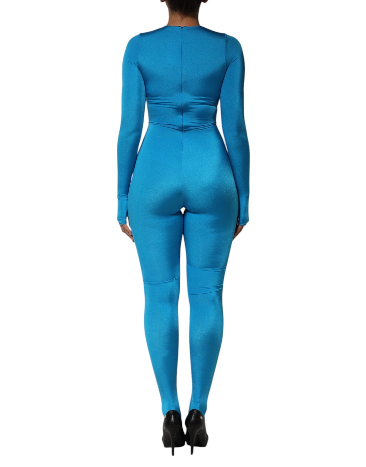 Dolce & Gabbana blauwe nylon bodycon jumpsuitjurk met ronde hals.