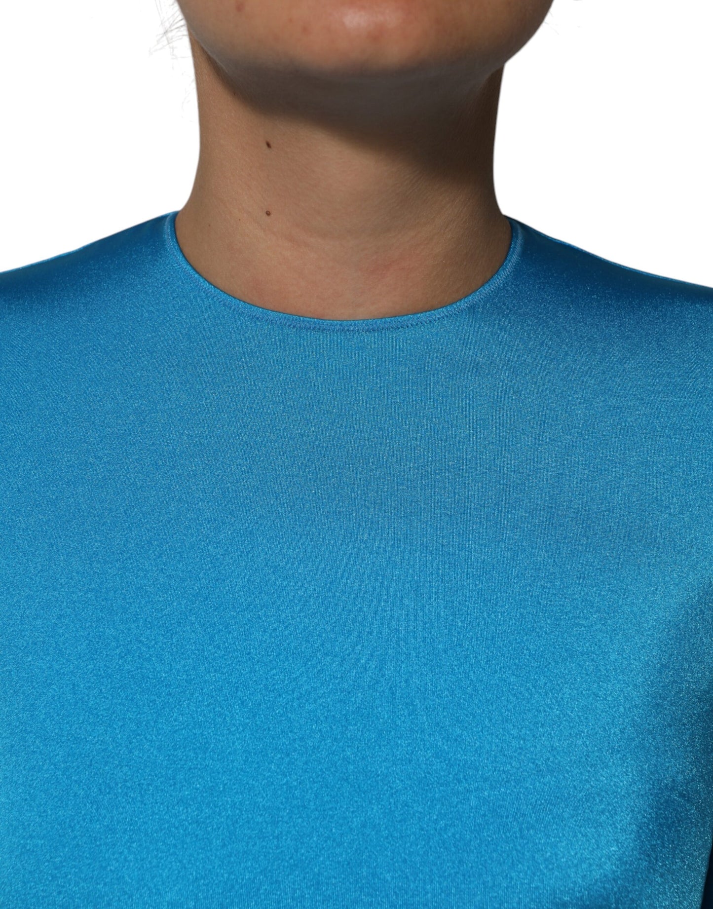 Dolce & Gabbana blauwe nylon bodycon jumpsuitjurk met ronde hals.