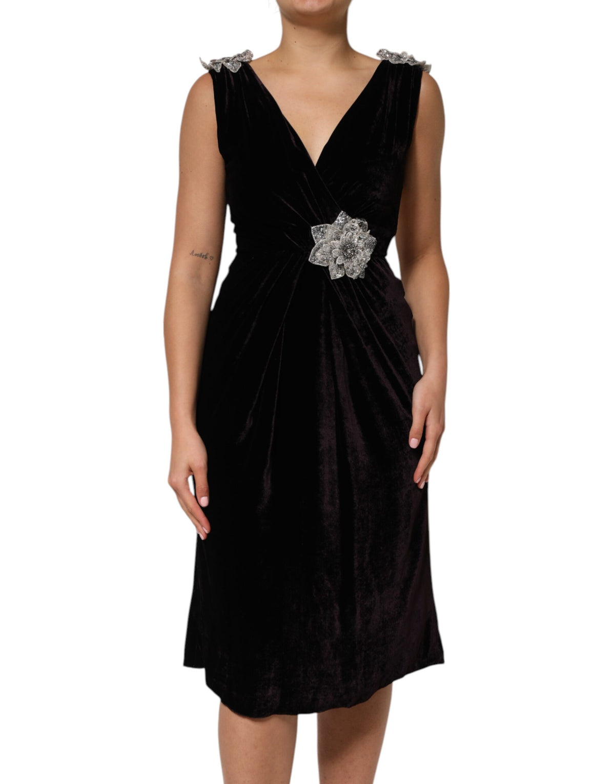 Robe A-Line en Velours Noir avec Appliques Florales Dolce & Gabbana
