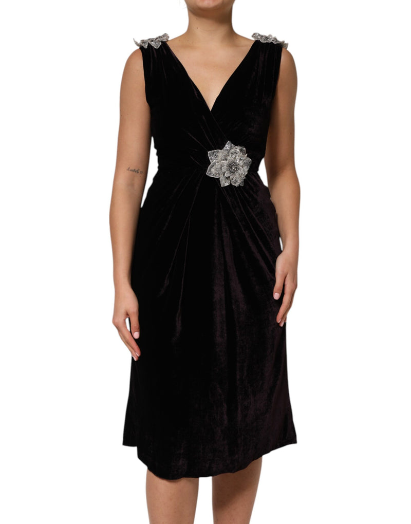 Robe A-Line en Velours Noir avec Appliques Florales Dolce & Gabbana