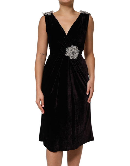 Robe A-line en Velours Noir avec Appliques Florales Dolce & Gabbana