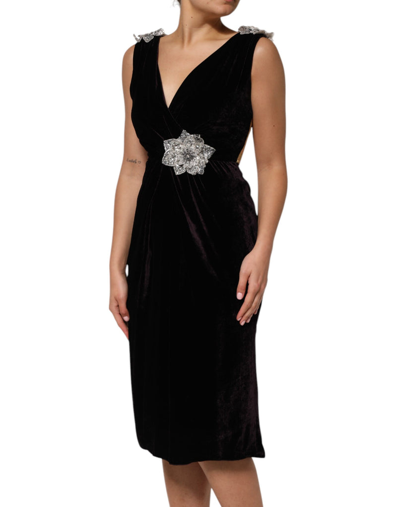 Robe A-Line en Velours Noir avec Appliques Florales Dolce & Gabbana