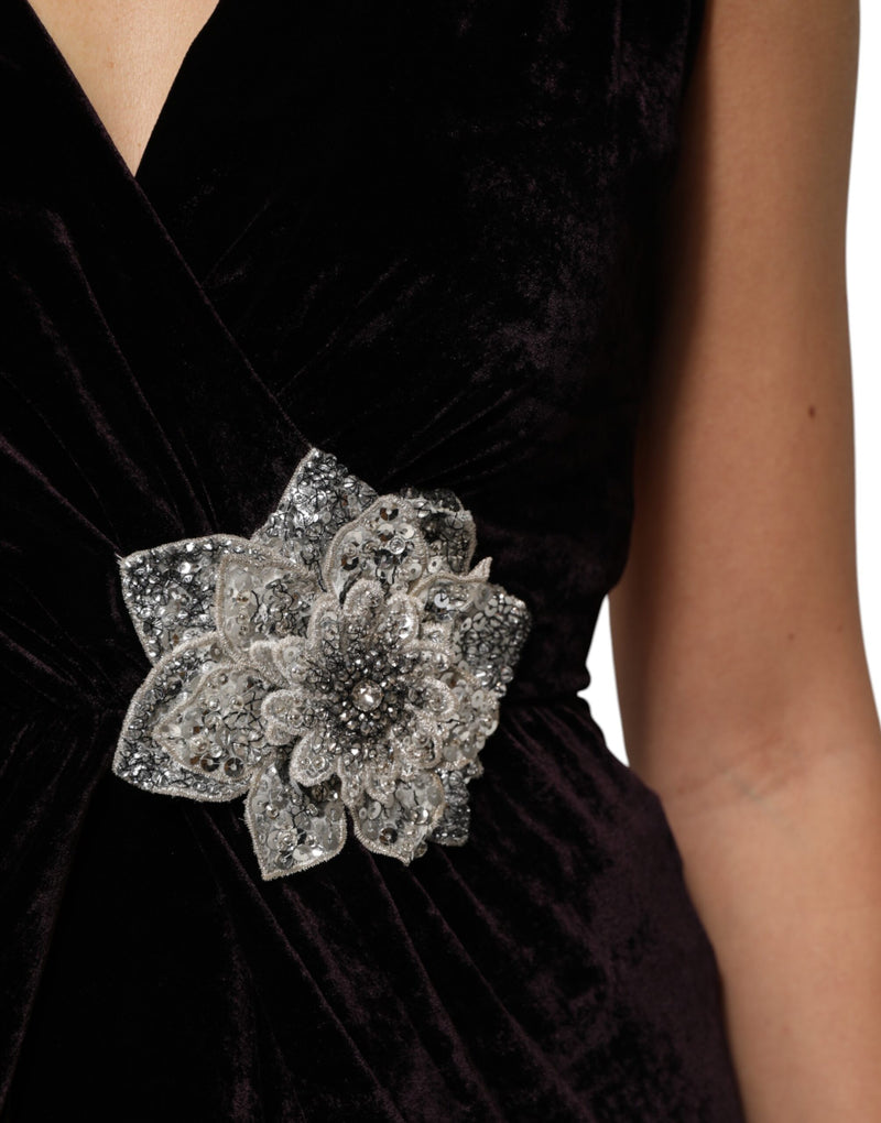 Robe A-Line en Velours Noir avec Appliques Florales Dolce & Gabbana