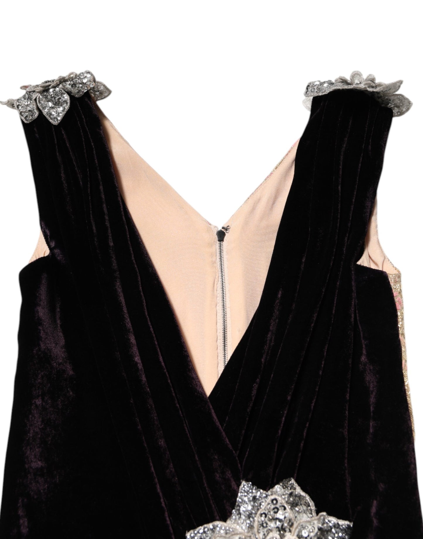 Dolce & Gabbana zwarte fluwelen jurk met bloemenversiering en A-lijn model