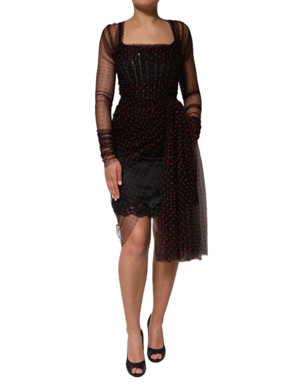 Robe Mini à Manches Longues en Soie Noire avec Détails en Dentelle - Dolce & Gabbana