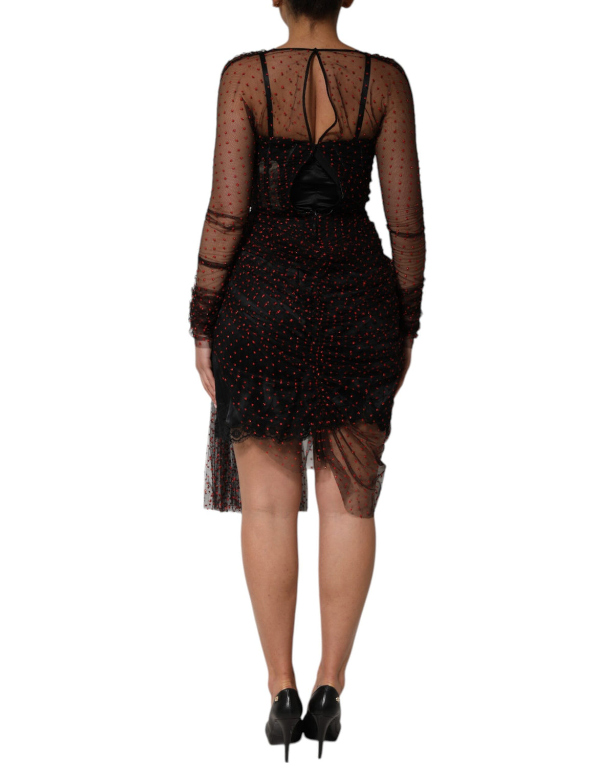 Robe Mini à Manches Longues en Soie Noire avec Détails en Dentelle - Dolce & Gabbana