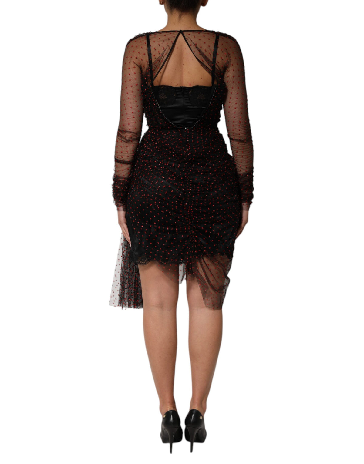Robe Mini à Manches Longues en Soie Noire avec Détails en Dentelle - Dolce & Gabbana