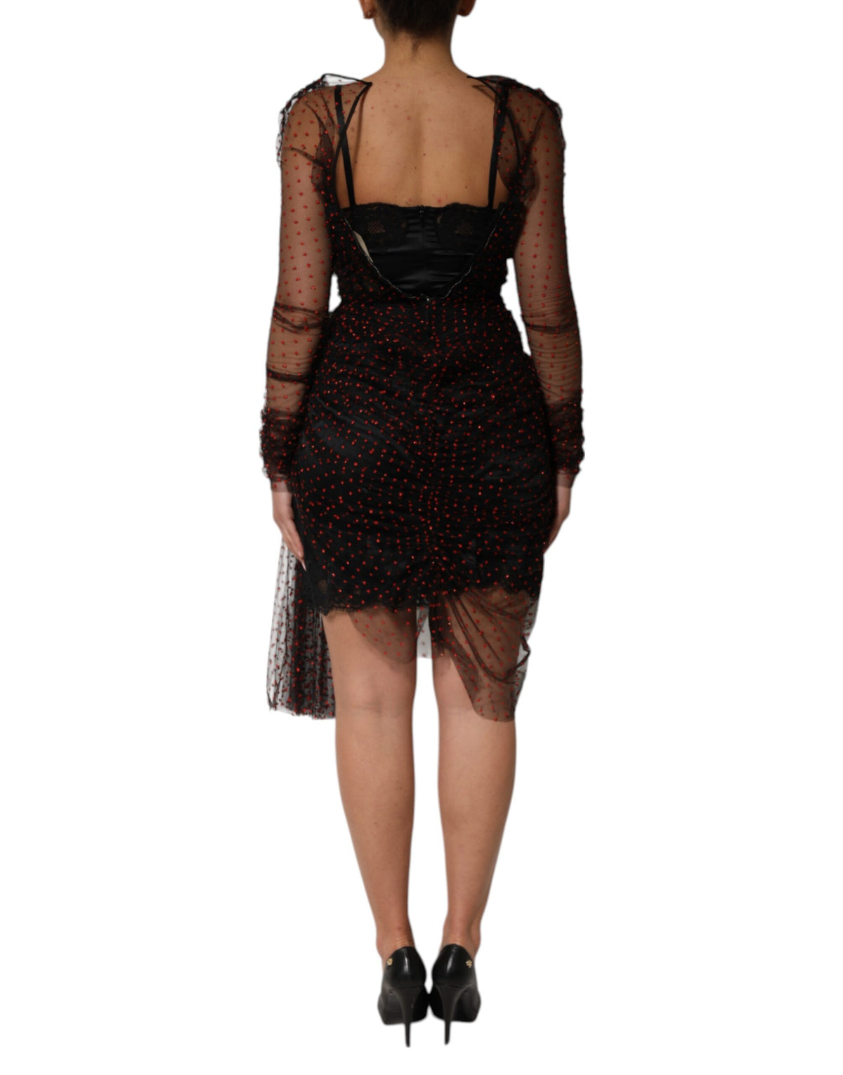 Robe Mini à Manches Longues en Soie Noire avec Détails en Dentelle - Dolce & Gabbana