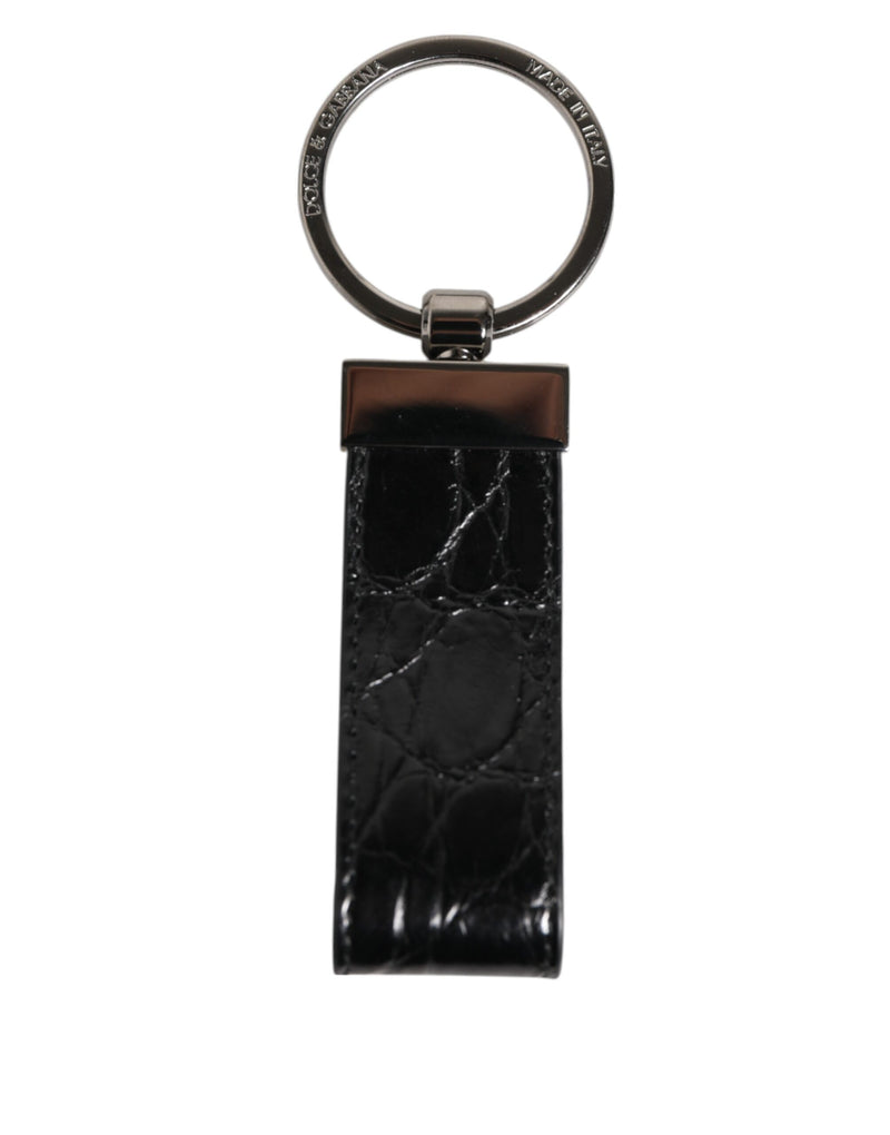 Dolce &amp; Gabbana Zwarte Leren Logo Metalen Ring Sleutelhanger Houder Heren Sleutelhanger