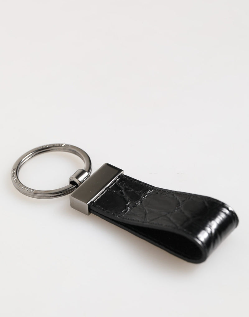 Dolce &amp; Gabbana Zwarte Leren Logo Metalen Ring Sleutelhanger Houder Heren Sleutelhanger