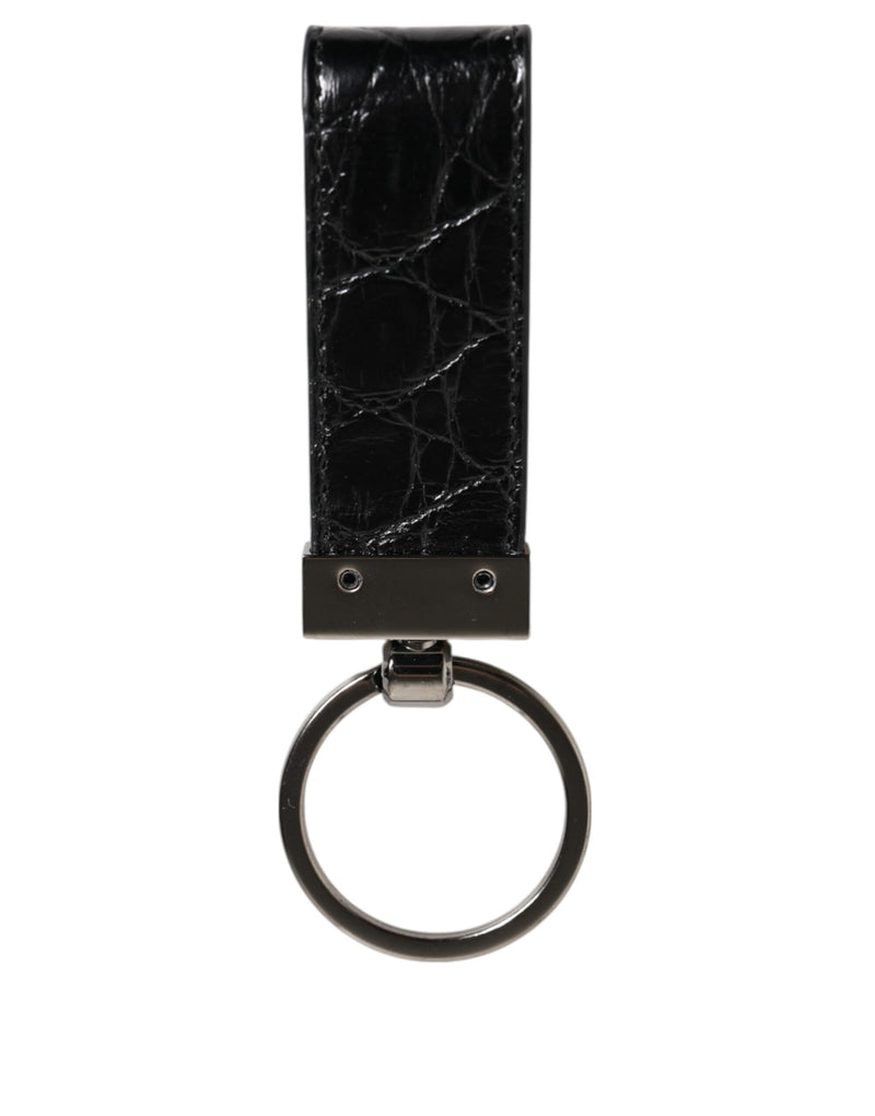 Dolce &amp; Gabbana Zwarte Leren Logo Metalen Ring Sleutelhanger Houder Heren Sleutelhanger