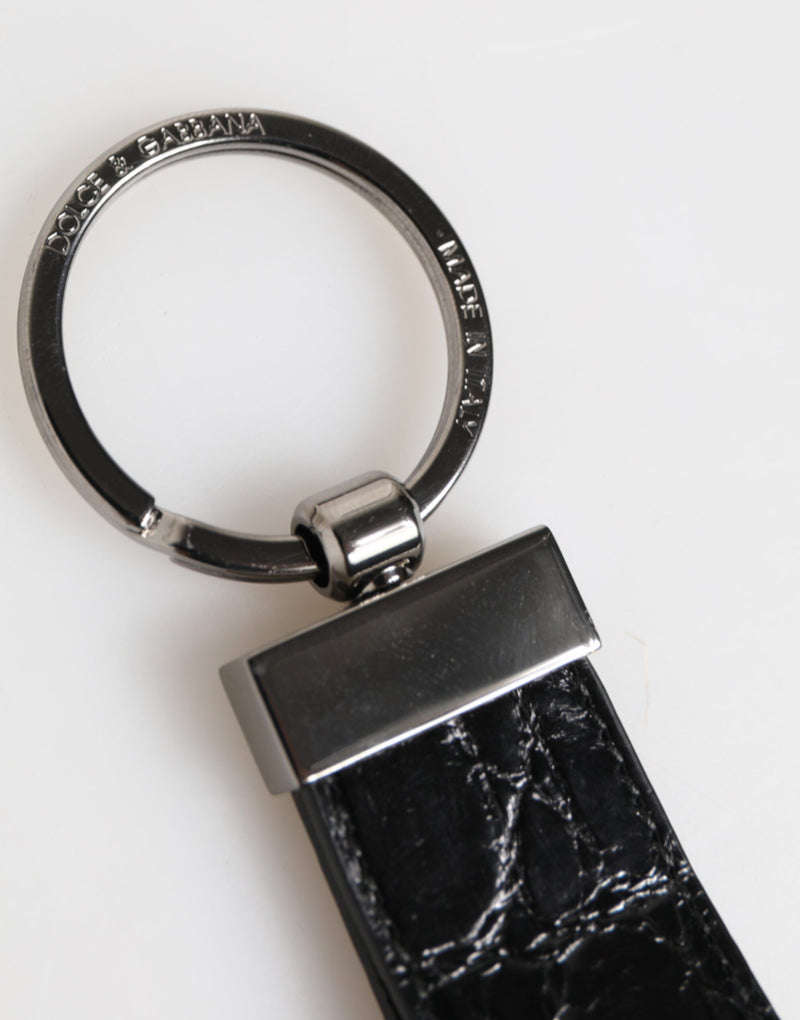 Dolce &amp; Gabbana Zwarte Leren Logo Metalen Ring Sleutelhanger Houder Heren Sleutelhanger
