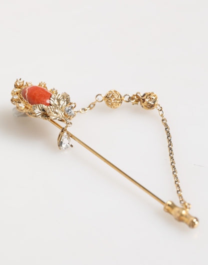 Broche Dolce &amp; Gabbana en argent sterling 925 avec chaîne en laiton doré et cristaux