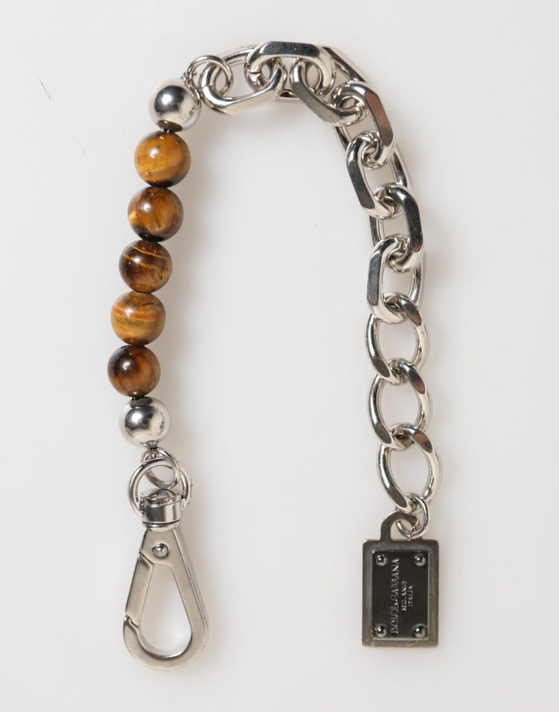 Bracelet Dolce & Gabbana pour homme avec chaîne en argent, fermoir mousqueton et perles en laiton et logo