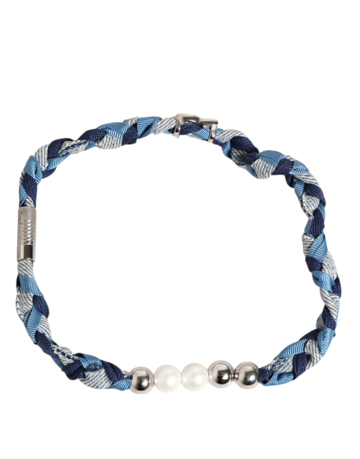 Bracelet homme Dolce & Gabbana tressé bleu et blanc en métal argenté avec logo et perles