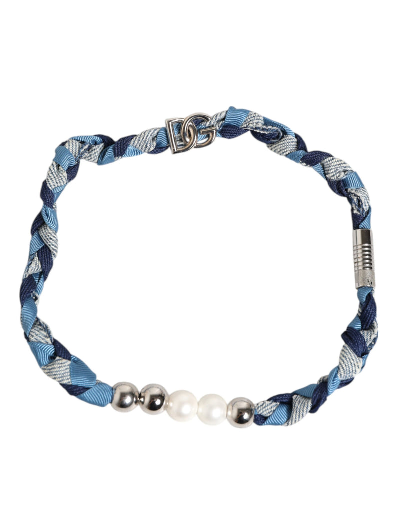 Bracelet homme Dolce & Gabbana tressé bleu et blanc en métal argenté avec logo et perles