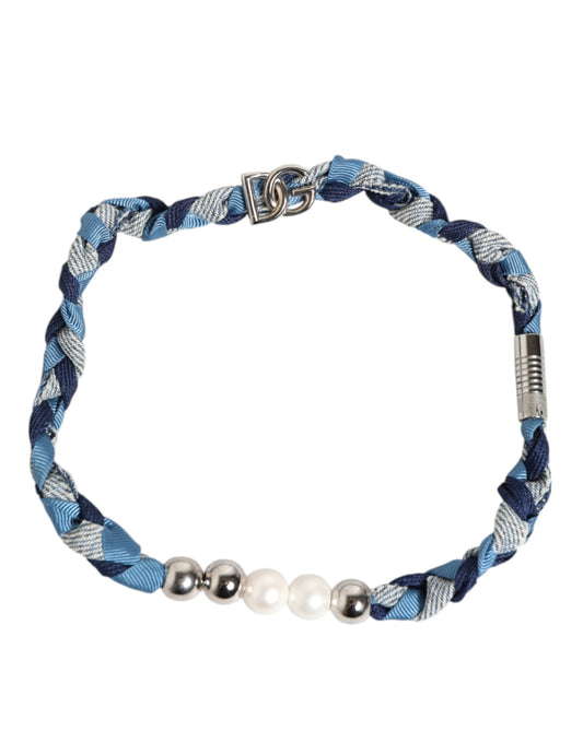 Dolce &amp; Gabbana Blauw Wit Gevlochten Zilveren Metalen Logo Kralen Heren Armband