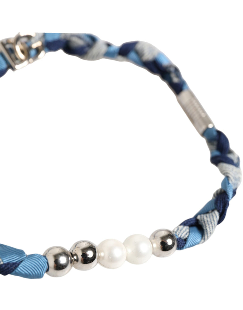Bracelet homme Dolce & Gabbana tressé bleu et blanc en métal argenté avec logo et perles