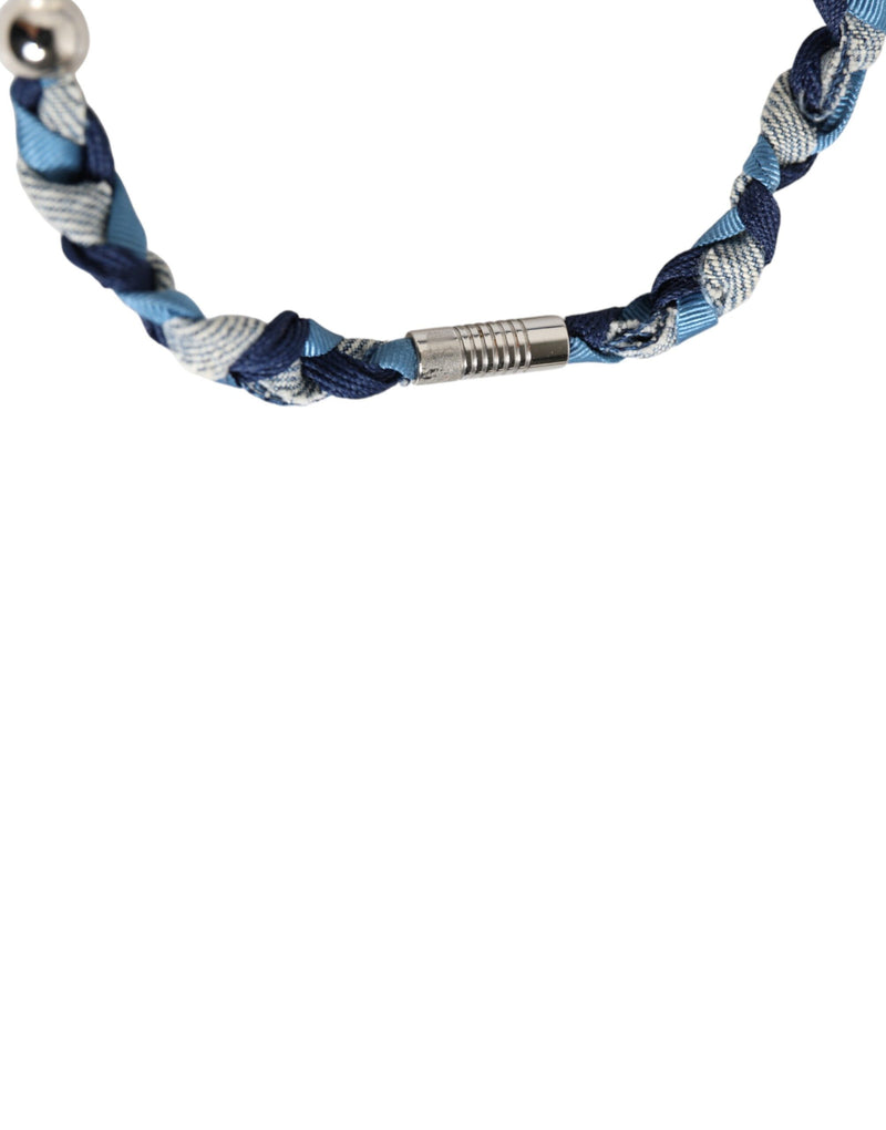 Bracelet homme Dolce & Gabbana tressé bleu et blanc en métal argenté avec logo et perles